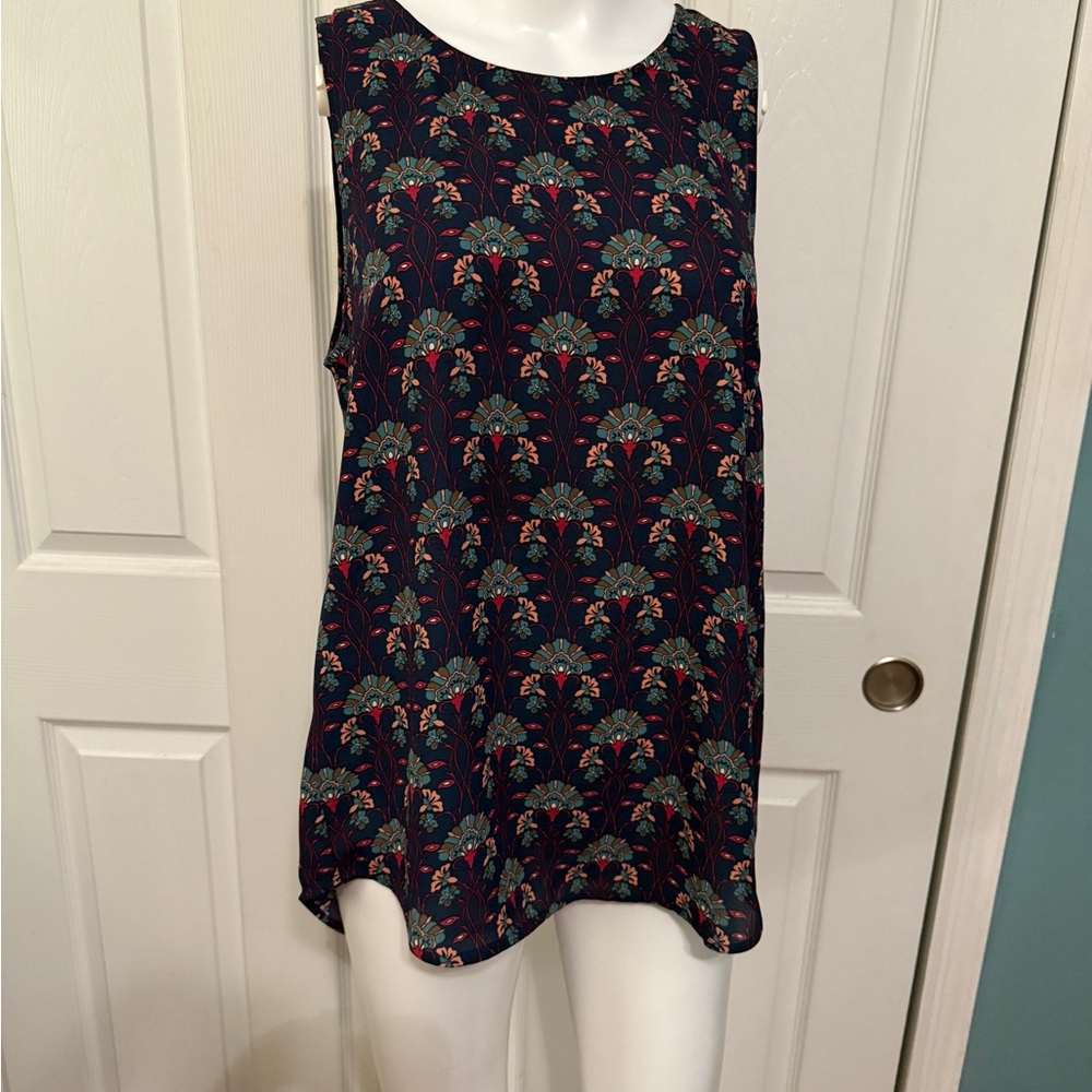 Daniel Rainn Albado Navy Crew Neck Patterned Blouse Sleeveless Tank Top